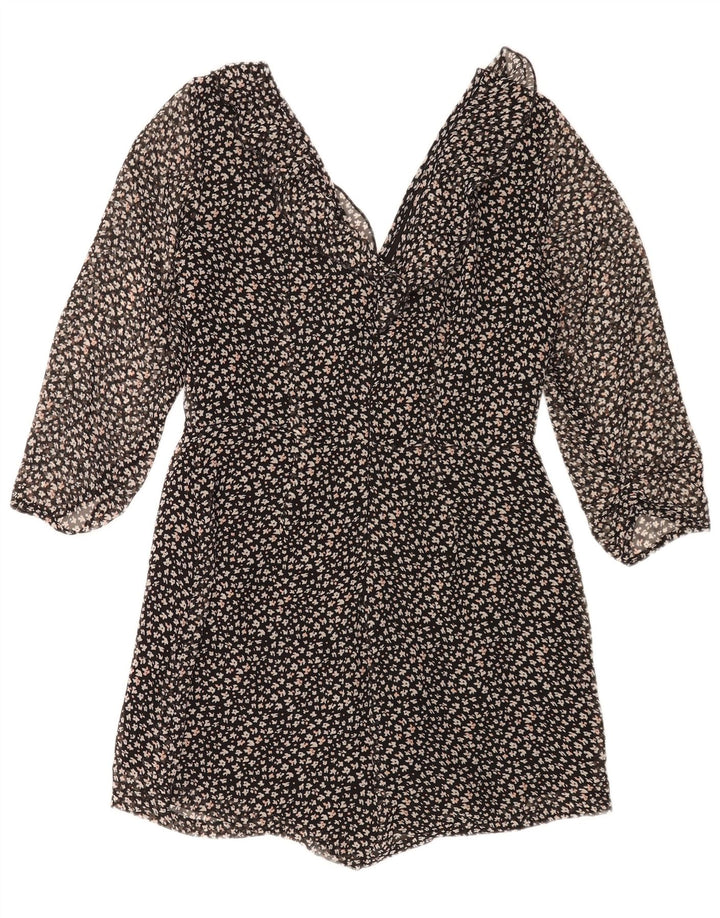 Zara Dame 3/4 ærmet Playsuit UK 14 Large Black Floral Polyester
