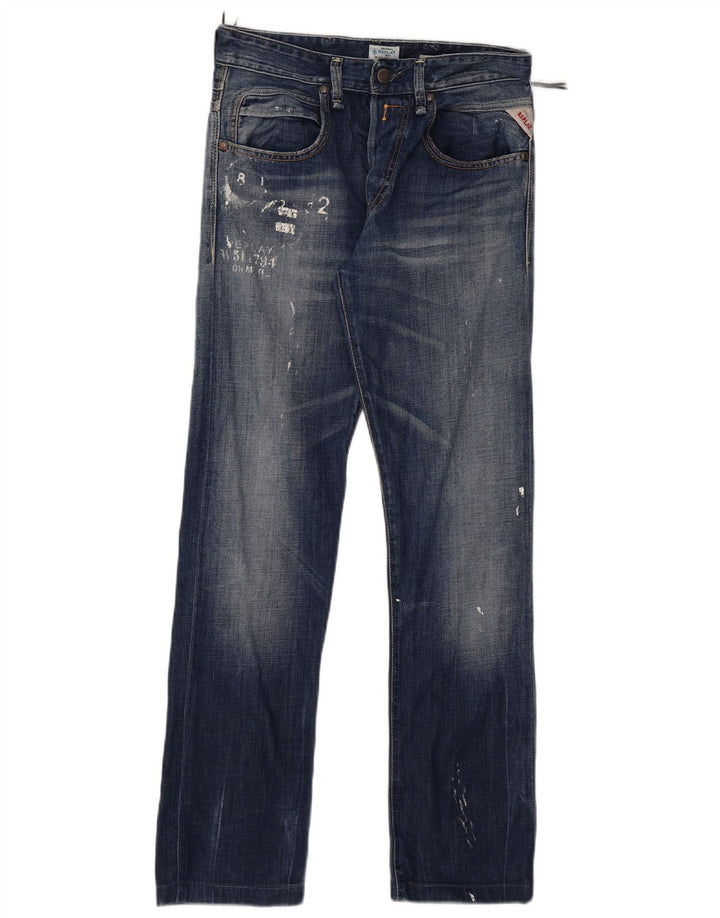 Replay Womens Graphic Straight Jeans W29 L30 Blue Cotton