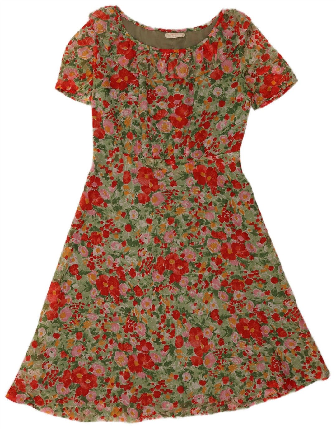 Vintage Dame A-Line Kjole UK 12 Medium Multicolored Floral Polyamid