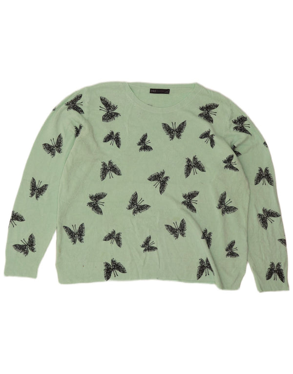 Marks & Spencer Dame Boat Neck Jumper Sweater UK 22 3XL Grøn sommerfugl