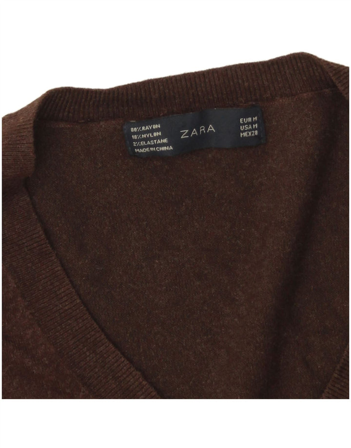 Zara Dame V-hals sweater UK 12 Medium Brown Rayon