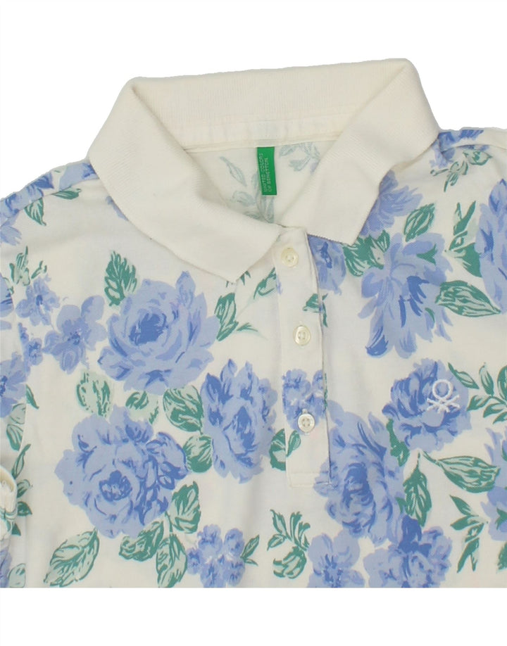 BENETTON Womens Polo Shirt UK 12 Medium White Floral Vintage Benetton and Second-Hand Benetton from Messina Hembry 