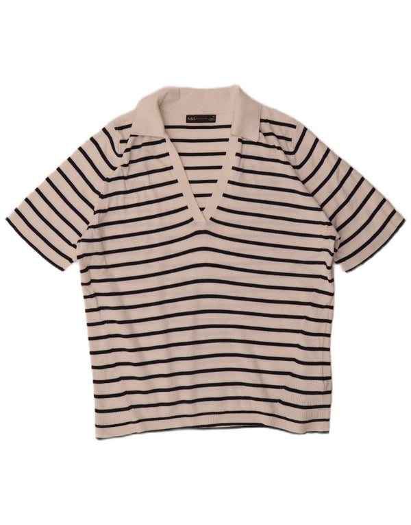 Marks & Spencer Dame Polo Shirt UK 18 XL Hvidstribet bomuld
