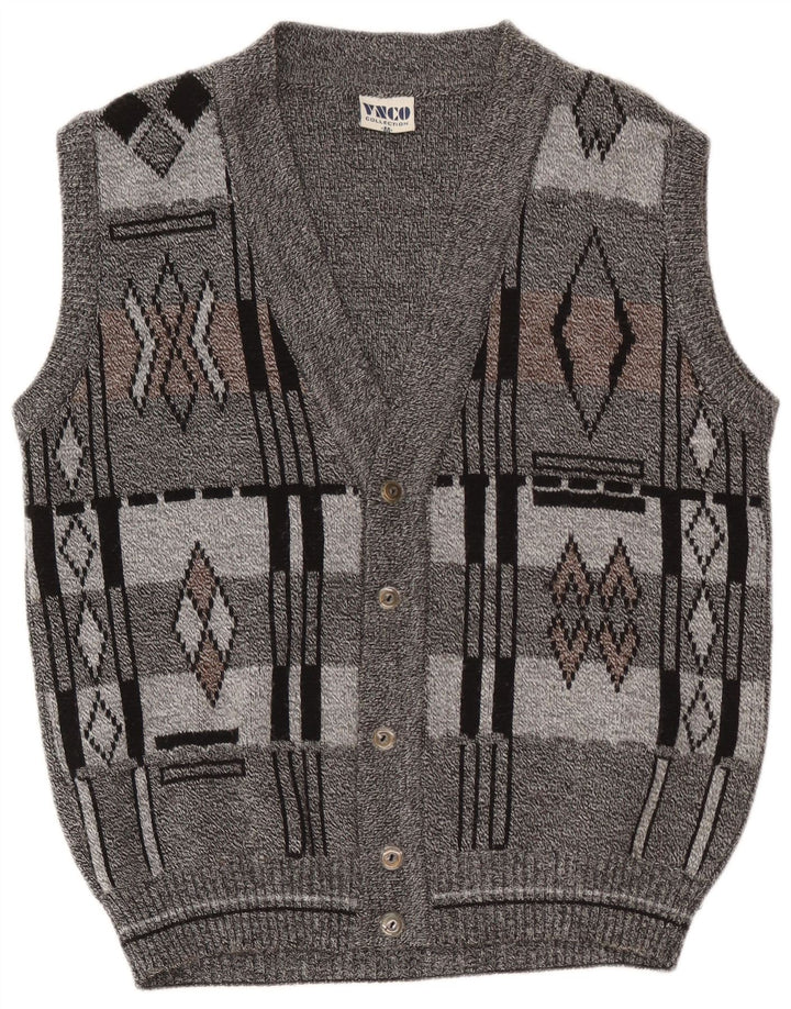 Vintage herre ærmeløs cardigan sweater mellemgrå geometrisk akryl