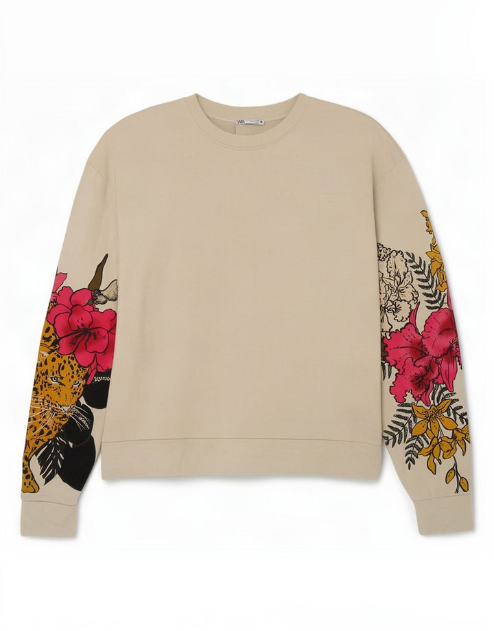 Zara Dame Sweatshirt Jumper UK 14 Medium Beige Blomsterbomuld