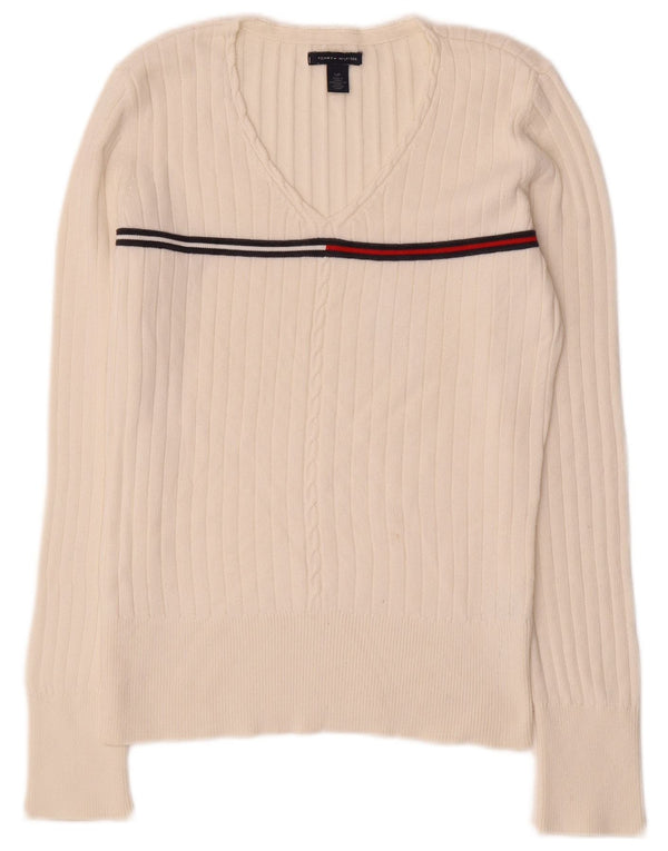 Tommy Hilfiger Womens V-Neck Jumper Sweater UK 10 Small White Striped