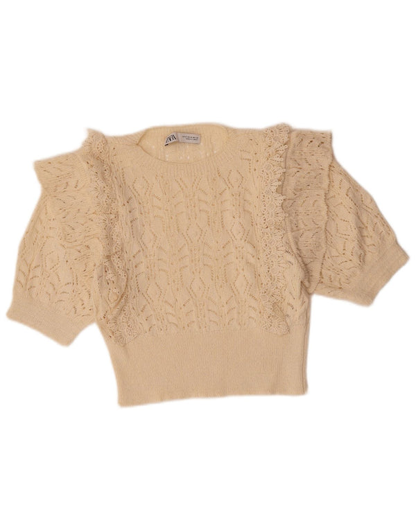 ZARA Womens Crop Jumper Sweater med rund hals DK 12 Medium Beige Bomuld