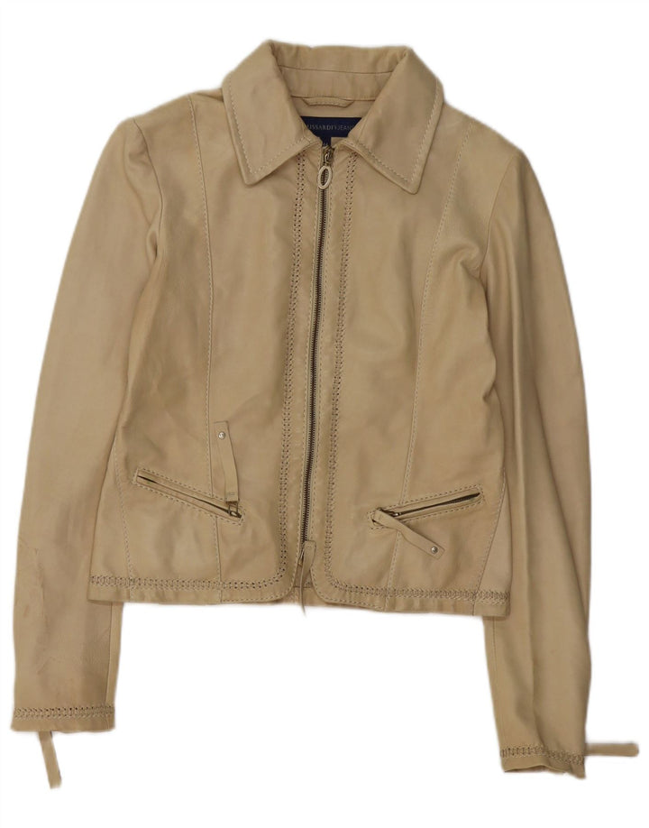 TRUSSARDI JEANS Dame Crop Læderjakke IT 44 Medium Beige Læder