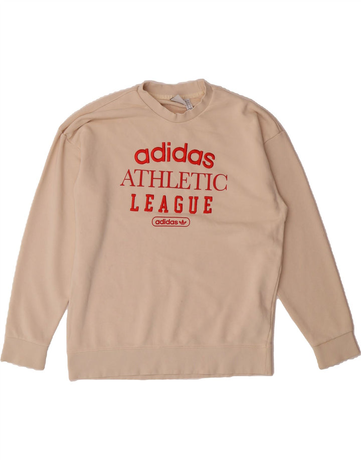 ADIDAS Womens Graphic Sweatshirt Jumper UK 12 Medium Beige Cotton Vintage Adidas and Second-Hand Adidas from Messina Hembry 