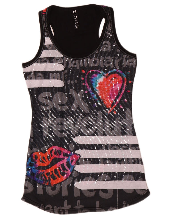 Desigual Kvinders Grafisk Vest Top UK 6 XS Sort Stribet