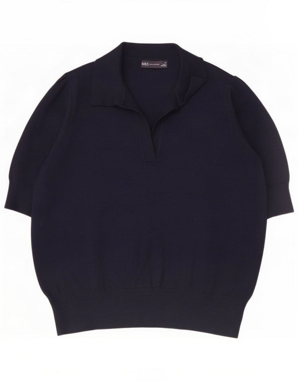 Marks & Spencer Womens 1/2 Sleeve Polo Shirt UK 14 Medium Navy Blue Viscose