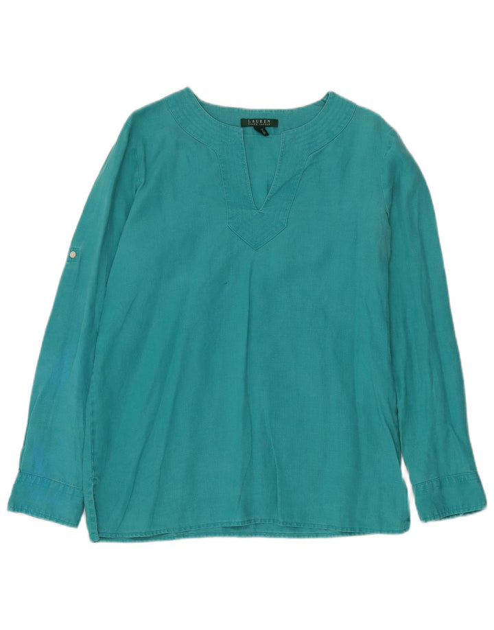 RALPH LAUREN Dame langærmet bluse Top UK 14 Medium turkis hør