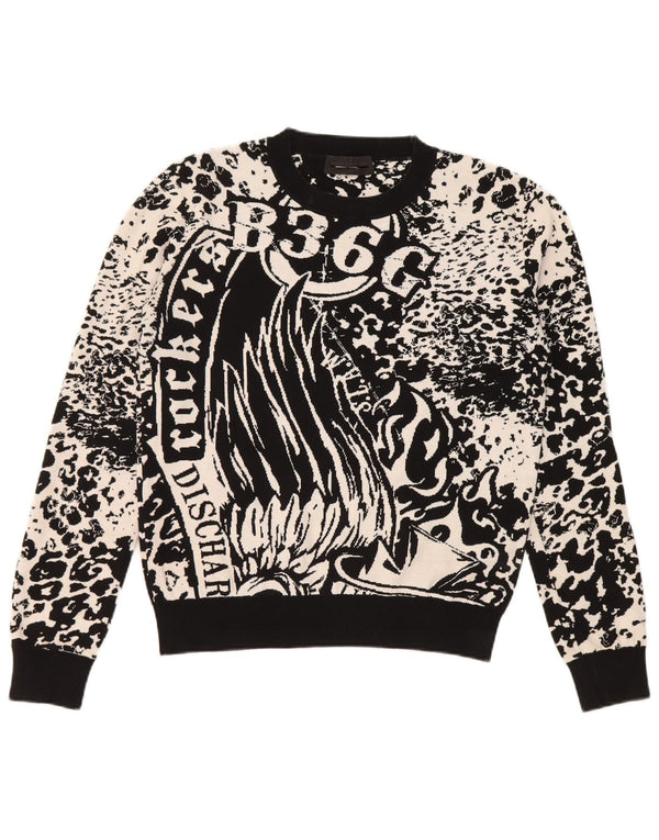 Diesel Dame Crew Neck Jumper Sweater UK 10 Small Black Animal Print