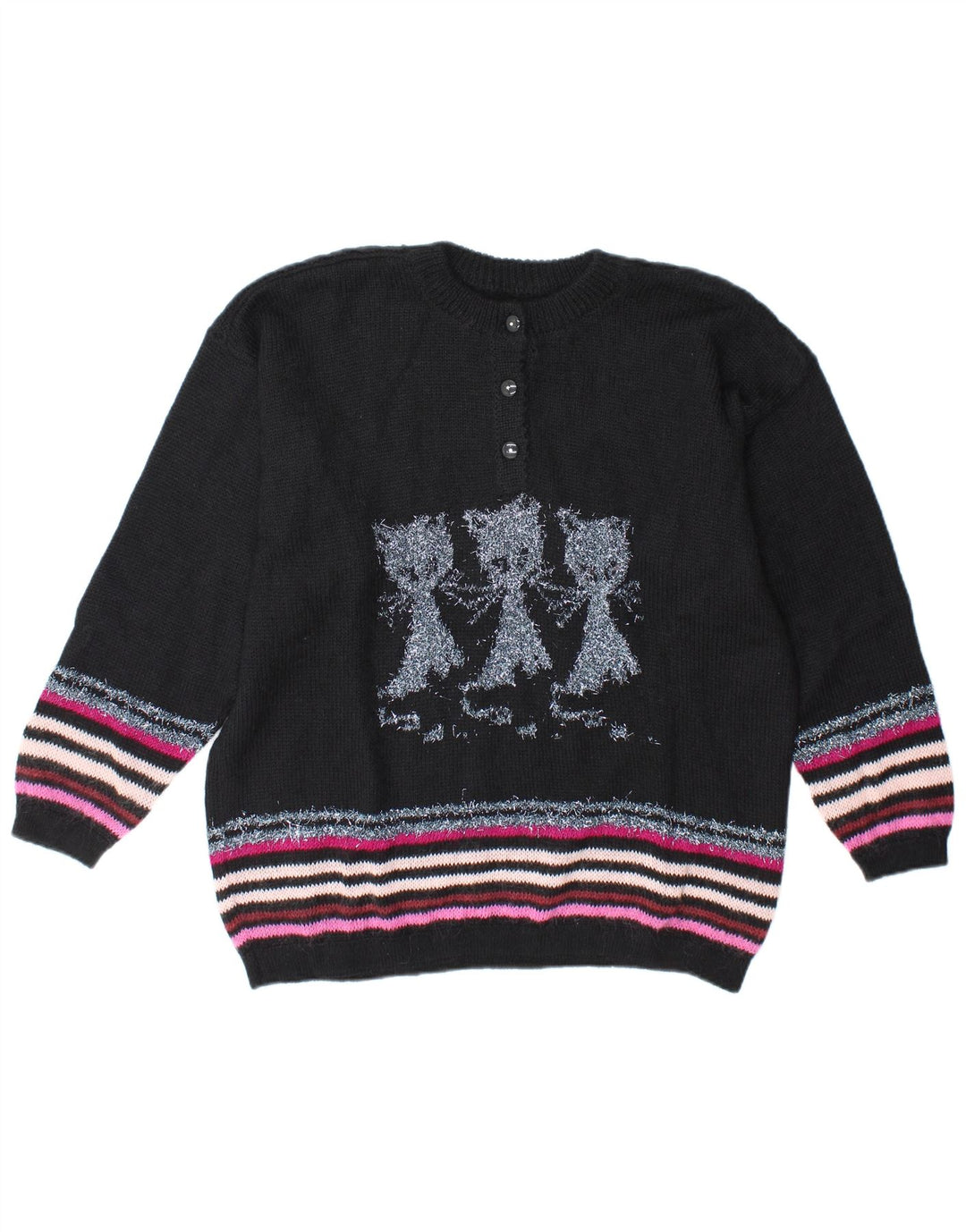 Vintage Kvinders Grafisk Button Neck Jumper Sweater UK 14 Stor Sort Stribet