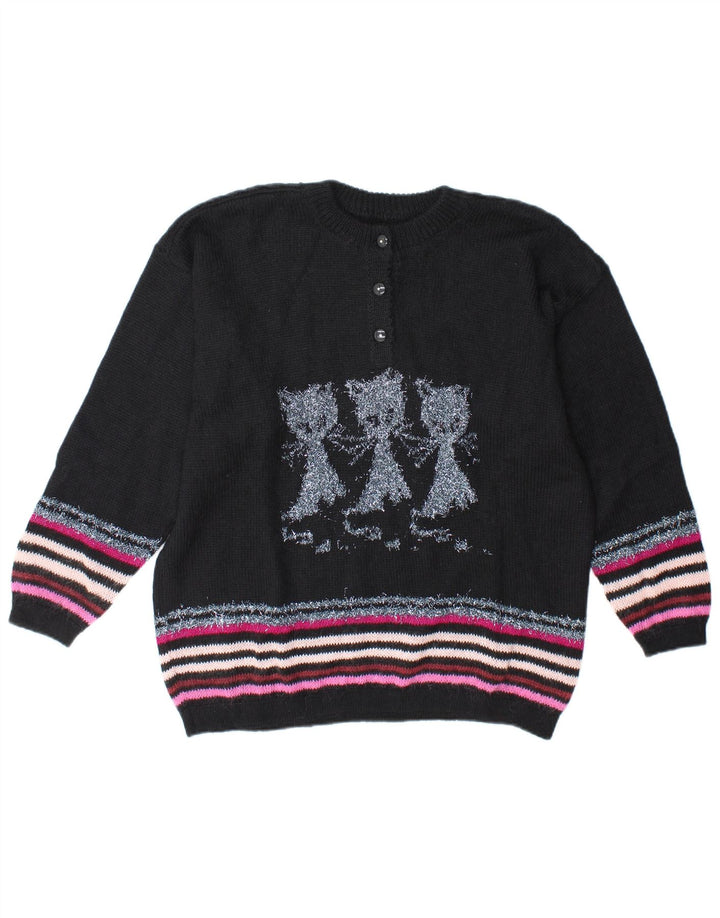 Vintage Kvinders Grafisk Button Neck Jumper Sweater UK 14 Stor Sort Stribet
