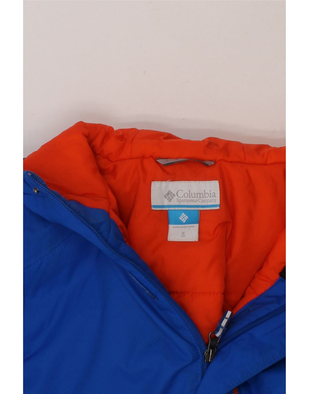 COLUMBIA Boys Hooded Windbreaker Coat 7-8 Years Small Blue Nylon Vintage Columbia and Second-Hand Columbia from Messina Hembry 