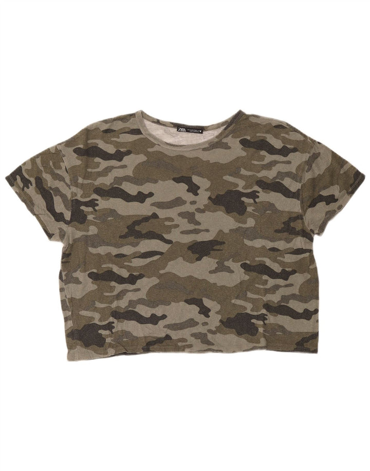 Zara Womens Crop Oversized T-Shirt Top UK 14 Medium Green Camouflage