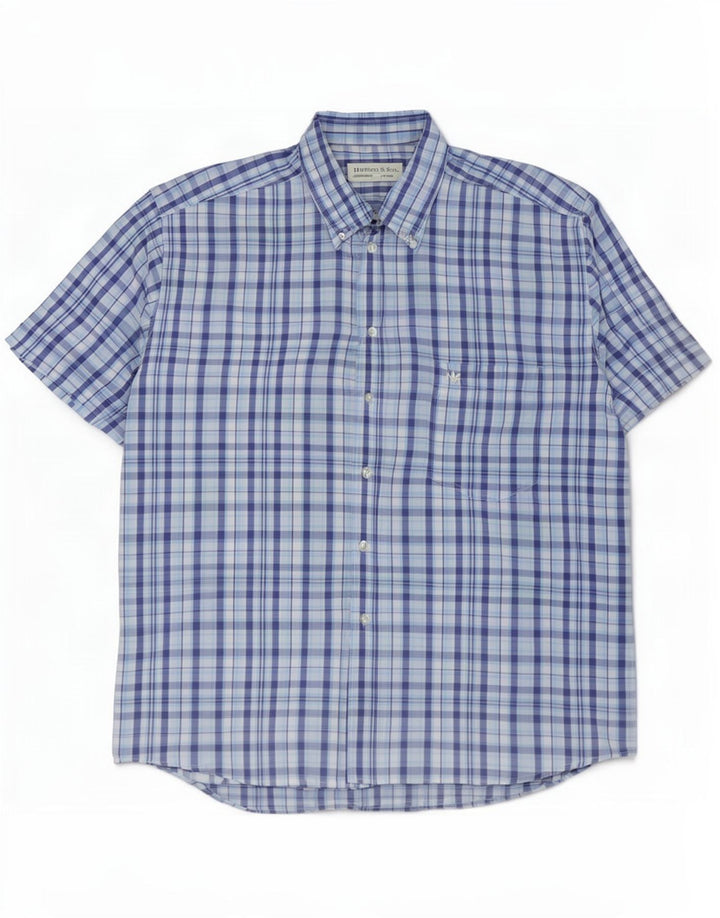 Harrison & Son kortærmet herreskjorte XL blå ternet bomuld