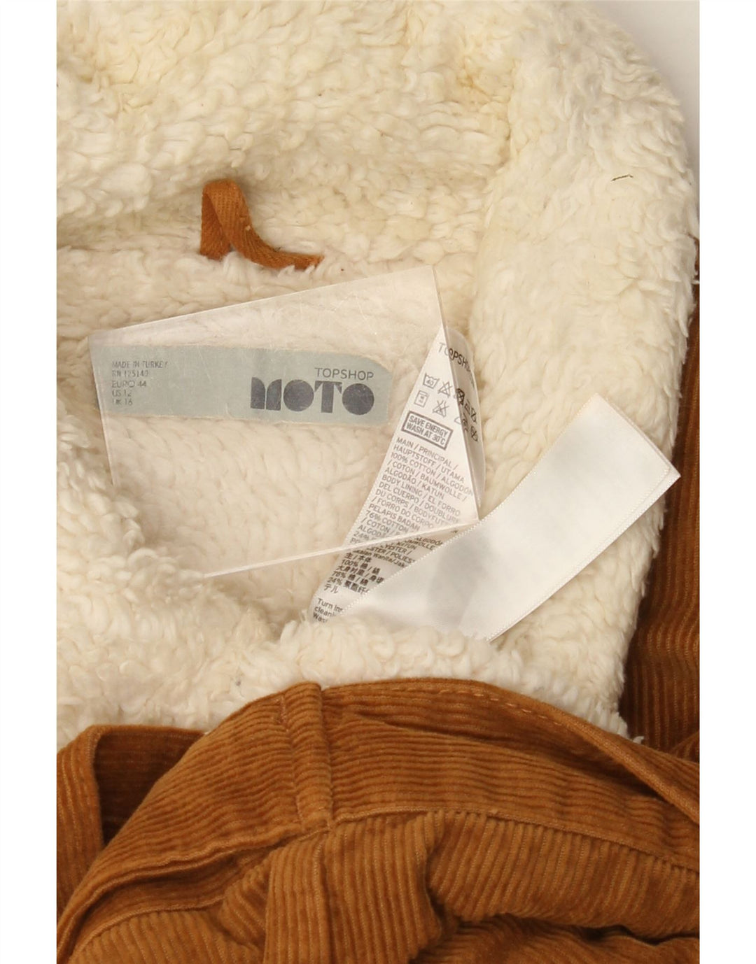 TOPSHOP Dame Corduroy Sherpa-jakke UK 16 Stor brun bomuld