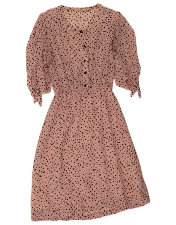 Vintage kvinders abstrakt mønster 3/4 ærmet A-line kjole UK 8 Lille Pink