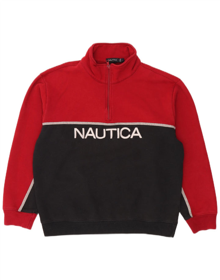 NAUTICA Mens Graphic Zip Neck Sweatshirt Jumper Large Black Colourblock