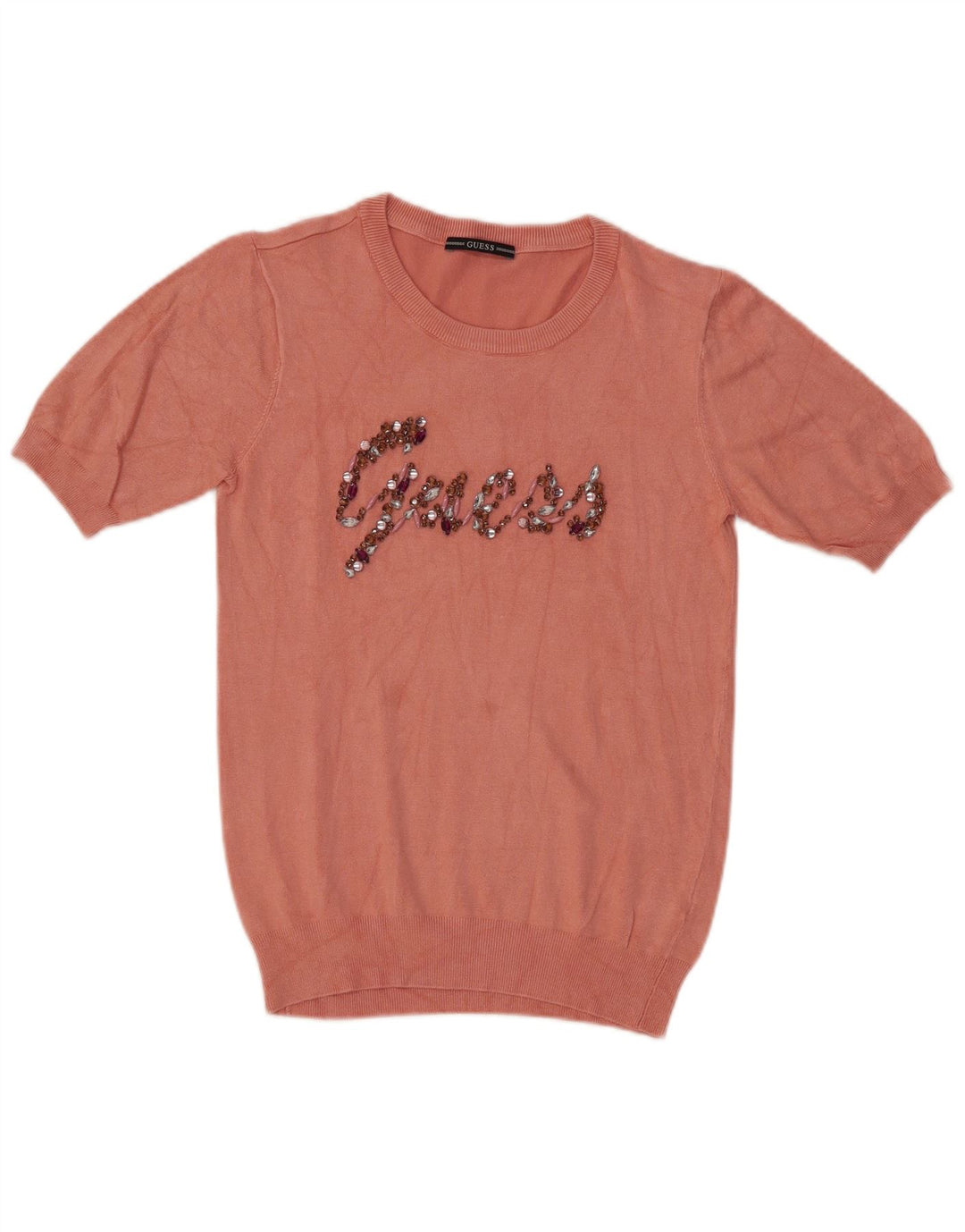 Guess Dame grafisk rund hals sweater UK 14 Medium Pink