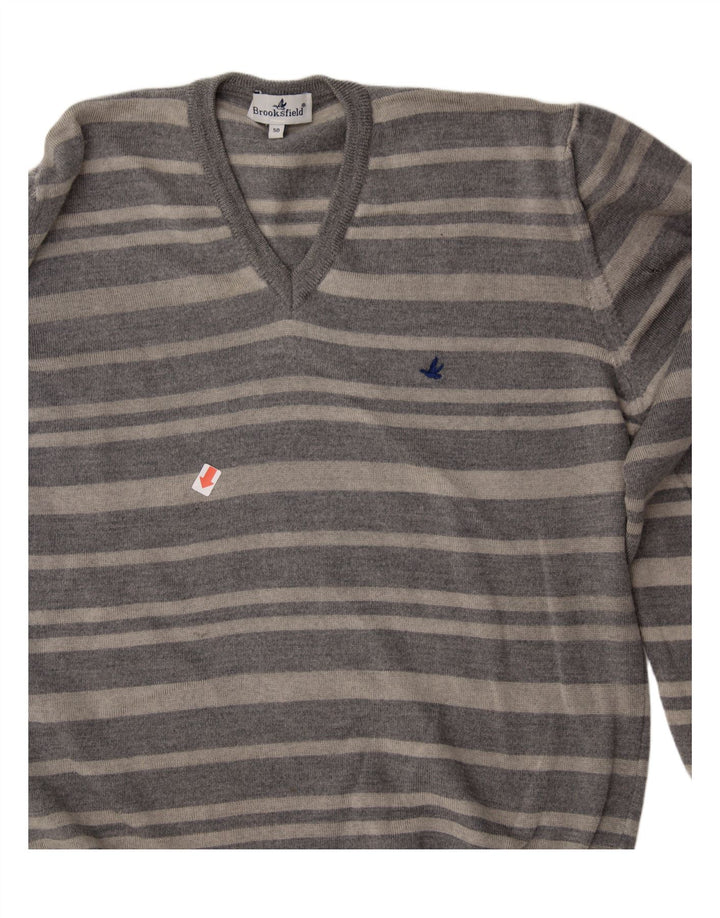 BROOKSFIELD Mens V-Neck Jumper Sweater IT 50 Medium Grey Striped Wool Vintage Brooksfield and Second-Hand Brooksfield from Messina Hembry 