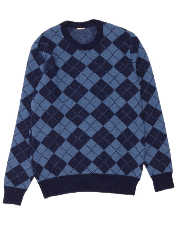 Vintage herre rund hals sweater medium marineblå Argyle/diamant