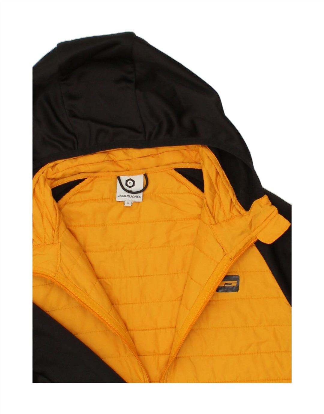 JACK & JONES Mens Hooded Padded Jacket UK 38 Medium Orange Colourblock Vintage Jack & Jones and Second-Hand Jack & Jones from Messina Hembry 
