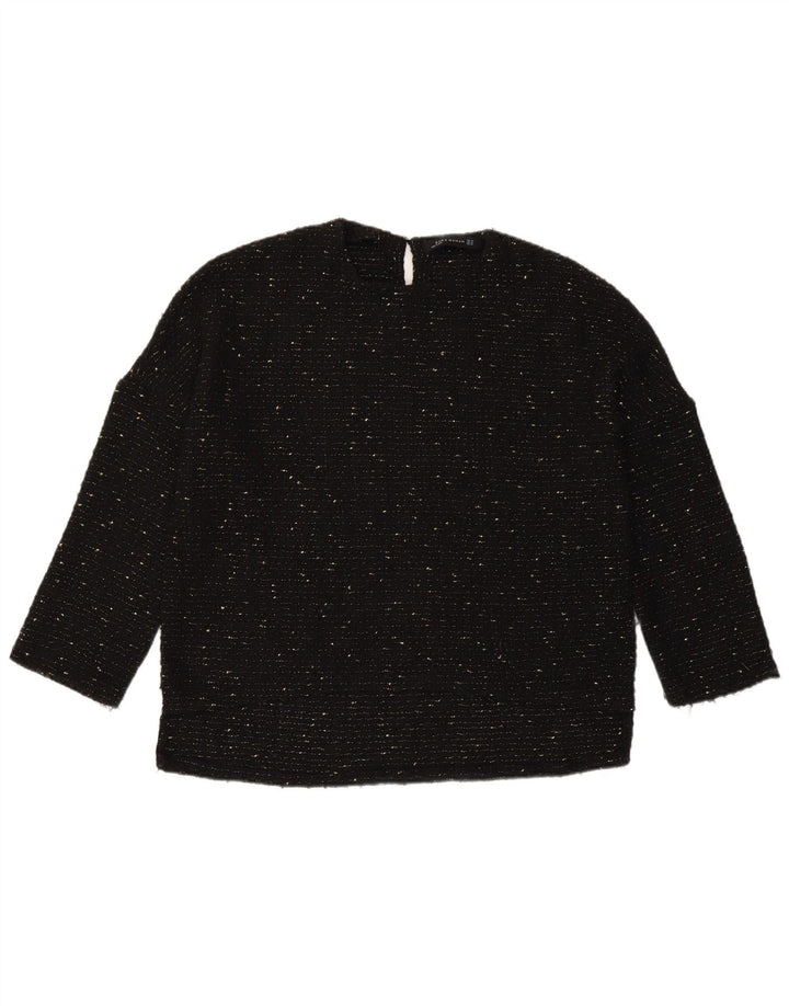 Zara Dame Oversized Top 3/4 ærme UK 6 XS Sort Flecked Polyester