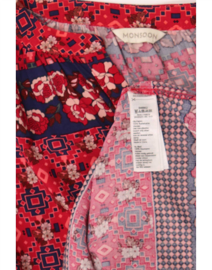 Monsoon Dame Langærmet Bluse Top UK 14 Stor rød geometrisk viskose