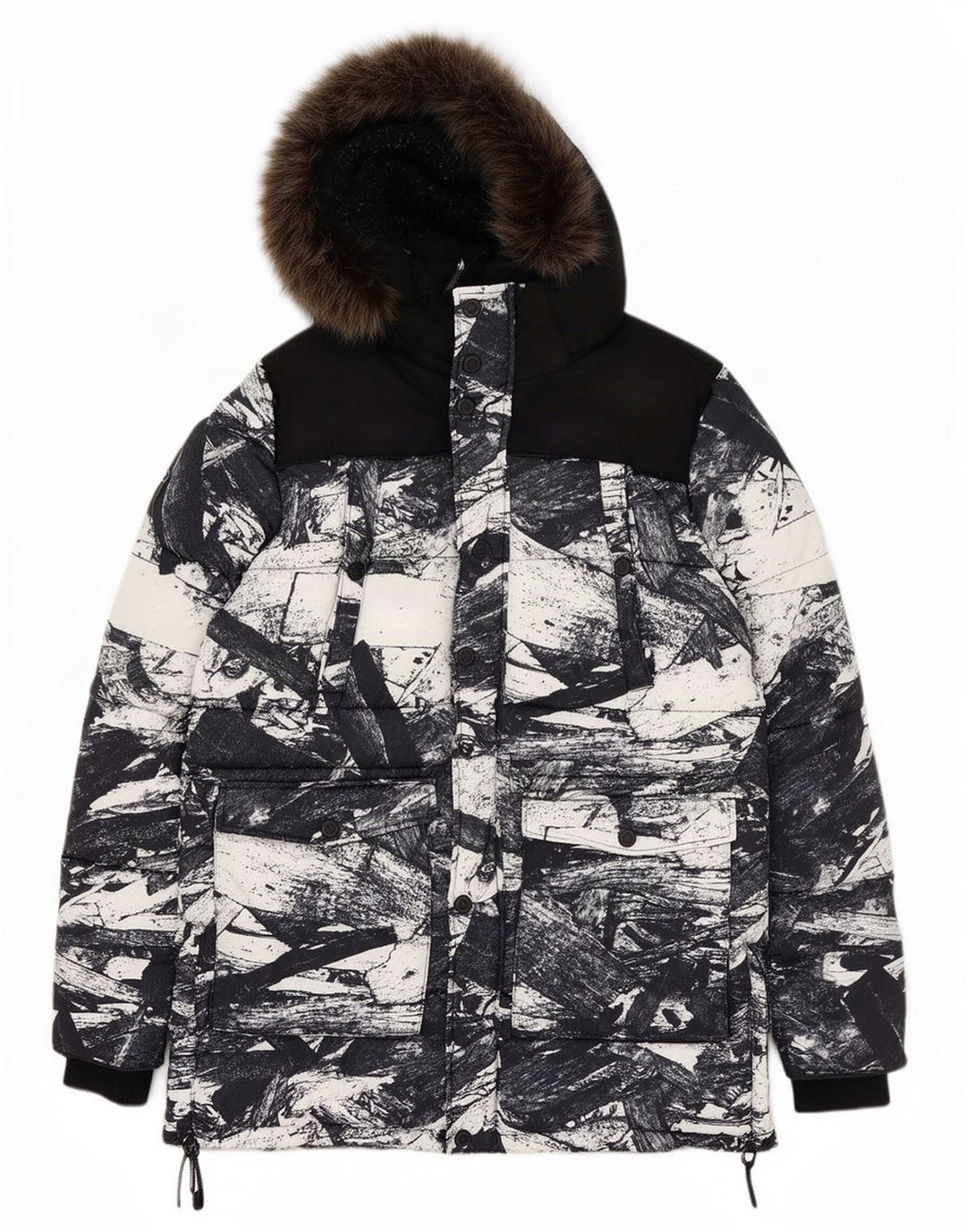 Superdry Skijakke med hætte til mænd UK 42 XL Sort geometrisk polyester