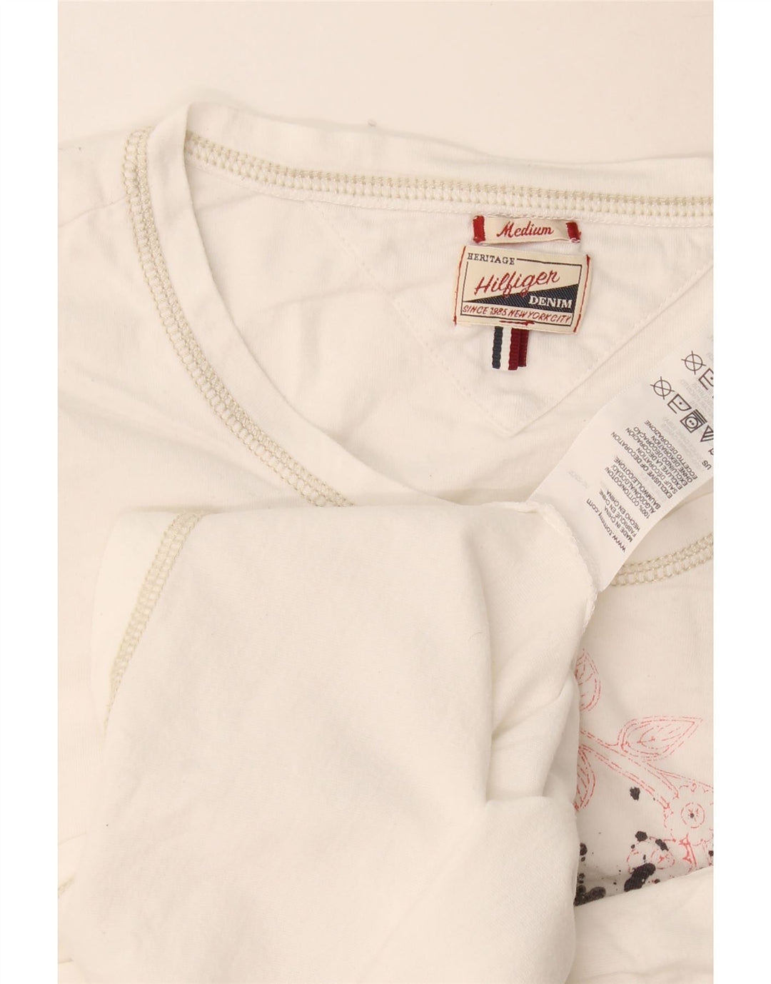 Tommy Hilfiger Dame Grafisk Top Langærmet UK 12 Medium Hvid Bomuld