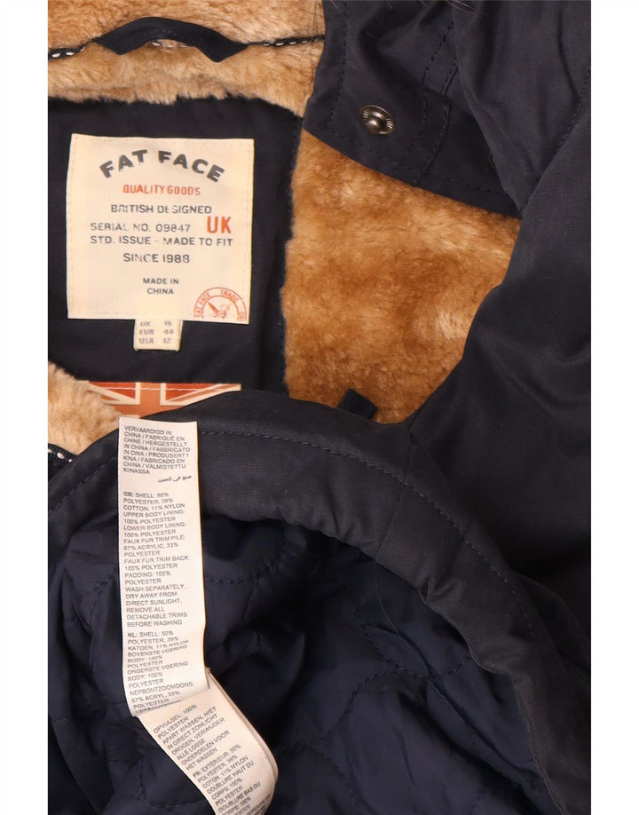 Fat Face Dame Hætte Sherpa Parka Jacket UK 16 Large Navy Blue Polyester