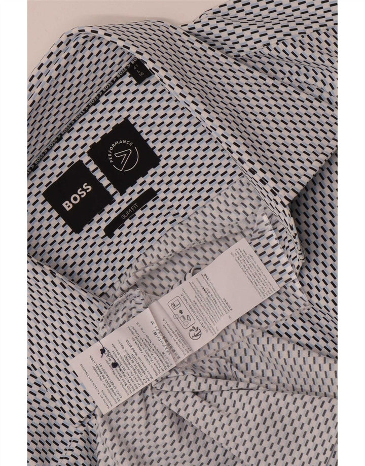 Hugo Boss Herre Slim Fit skjorte str. 41 16 Stor blå geometrisk polyamid