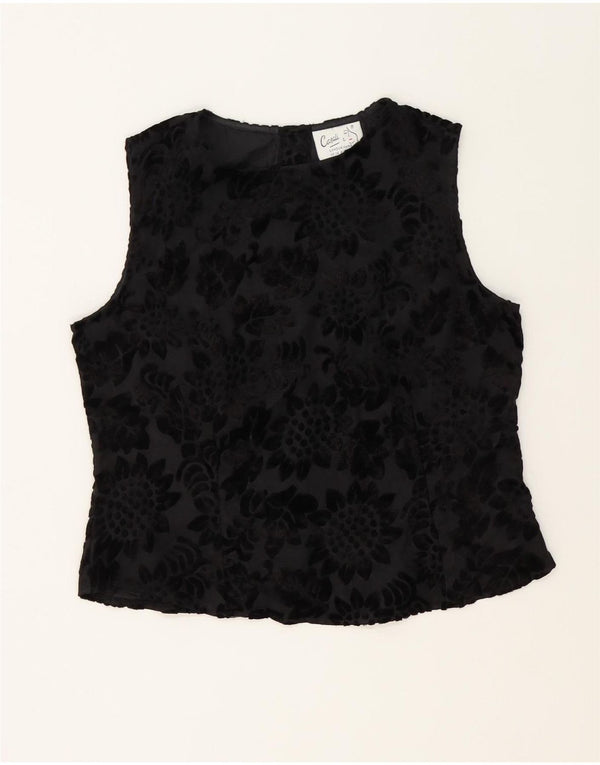 Vintage Kvinders Ærmeløs Crop Bluse Top UK 14 Medium Black Floral