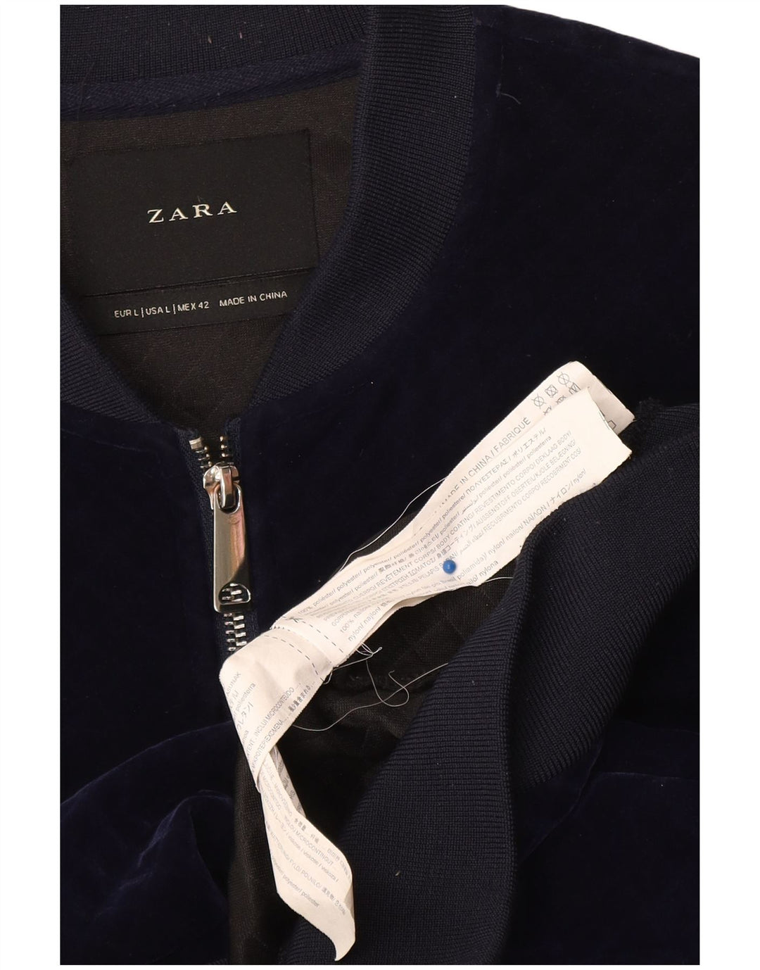 Zara Herre Velour Bomber Jacket UK 40 Large Navy Blue Polyester