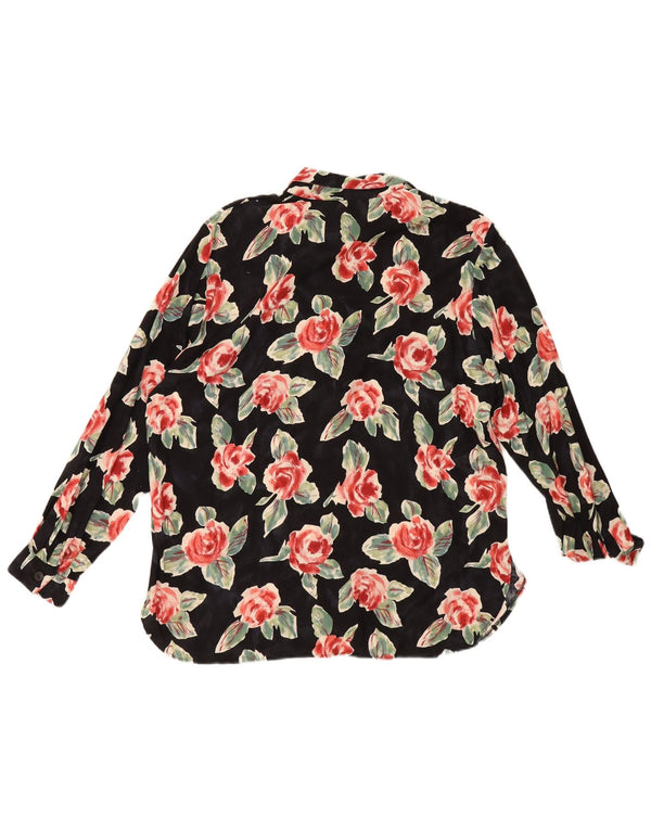 Vintage dameskjorte bluse EU 46 XL sort blomsterviscose