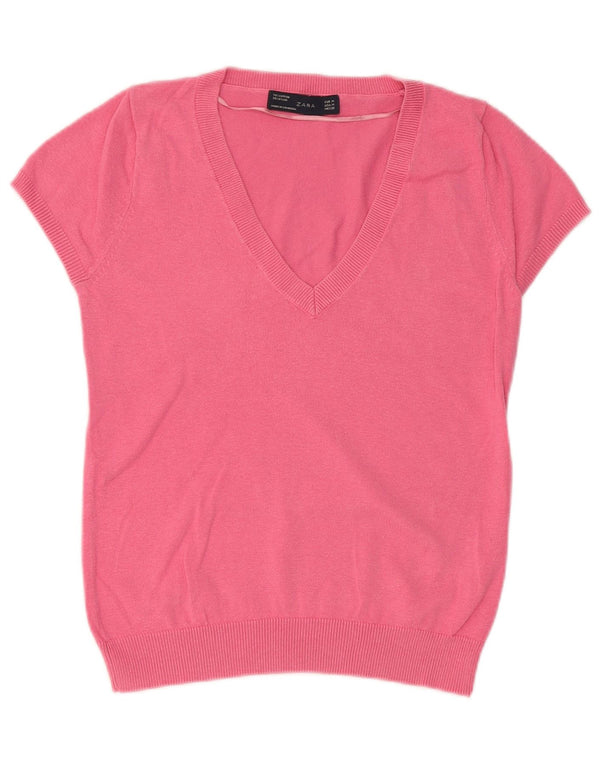 Zara Dame Kortærmet V-hals Jumper Sweater UK 12 Medium Pink Bomuld