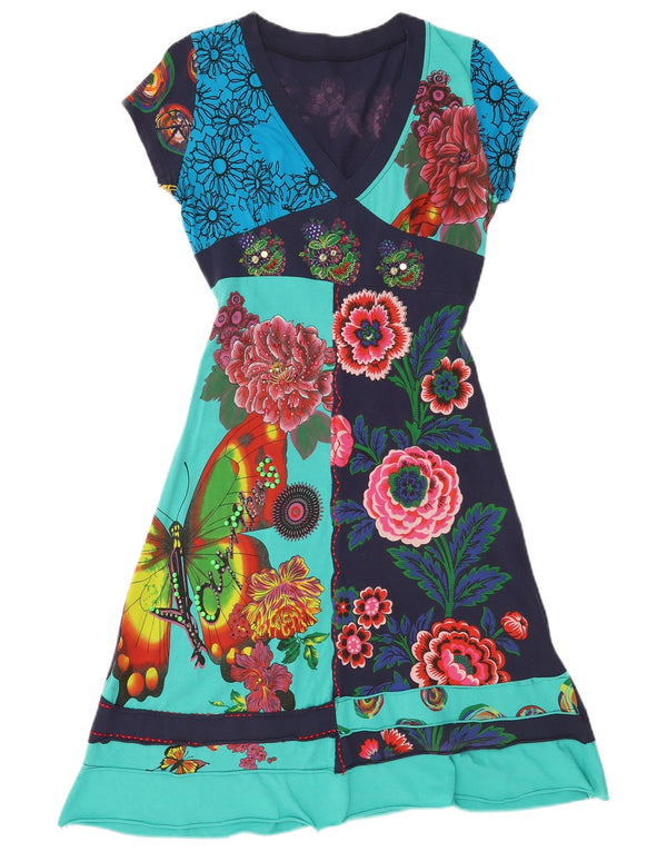 Vintage Womens Graphic A-Line Dress UK 10 Small Navy Blue Floral Cotton