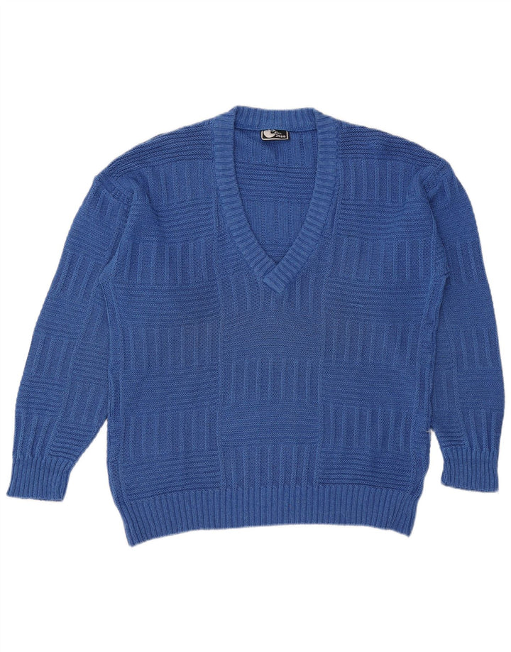 Vintage herre V-hals sweater mellemblå bomuld