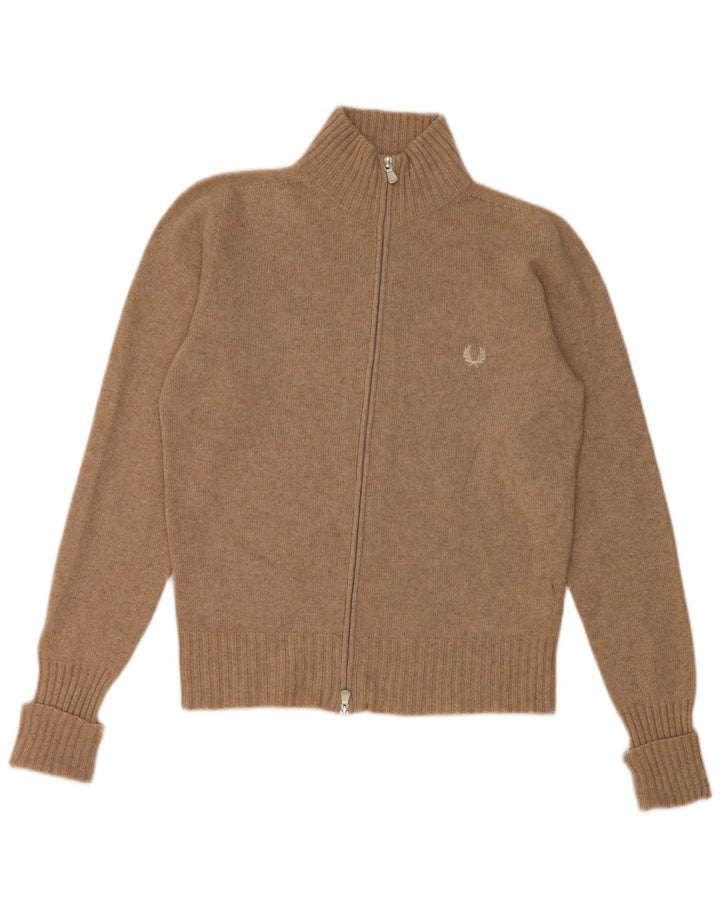 Fred Perry Dame Cardigan Sweater UK 14 Stor Beige Merino Uld