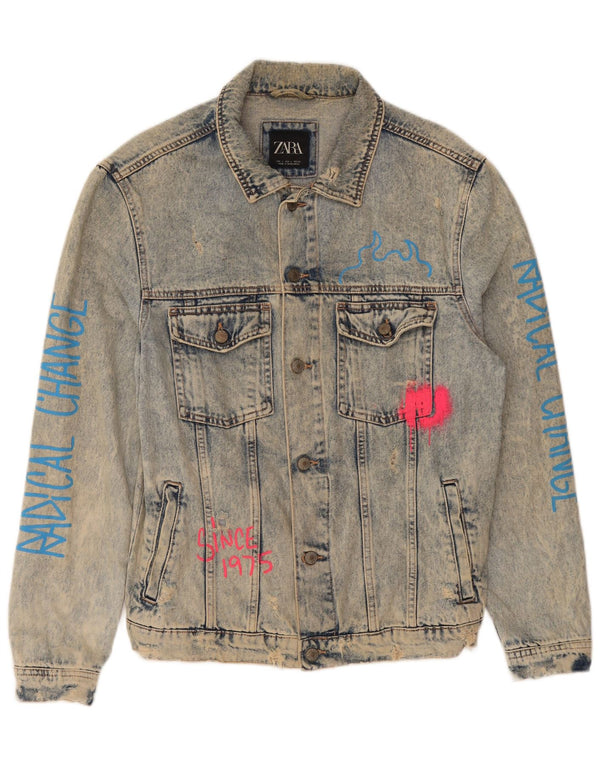 Zara Herre Graphic Denim Jacket UK 40 Large Blue Cotton