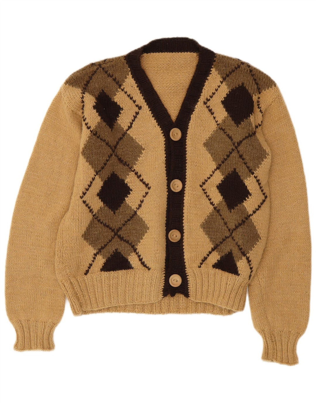 Vintage dame cardigan sweater UK 14 Medium Beige Argyle/Diamond