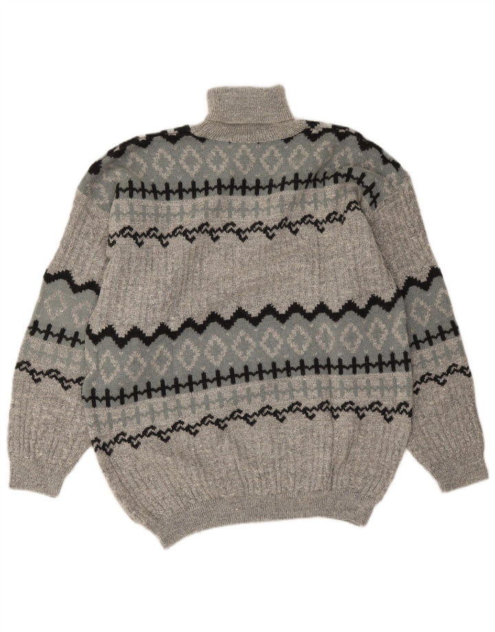 Vintage Herre rullehals sweater Large Grey Fair Isle Alpaca Wool