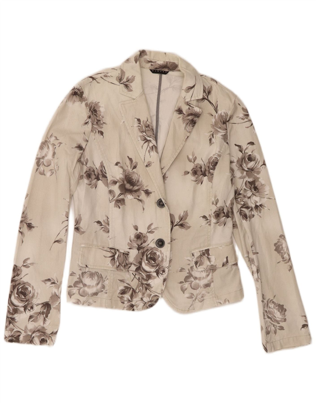 Sisley Dame 2 Button Denim Blazer Jacket UK 10 Small Off White Floral