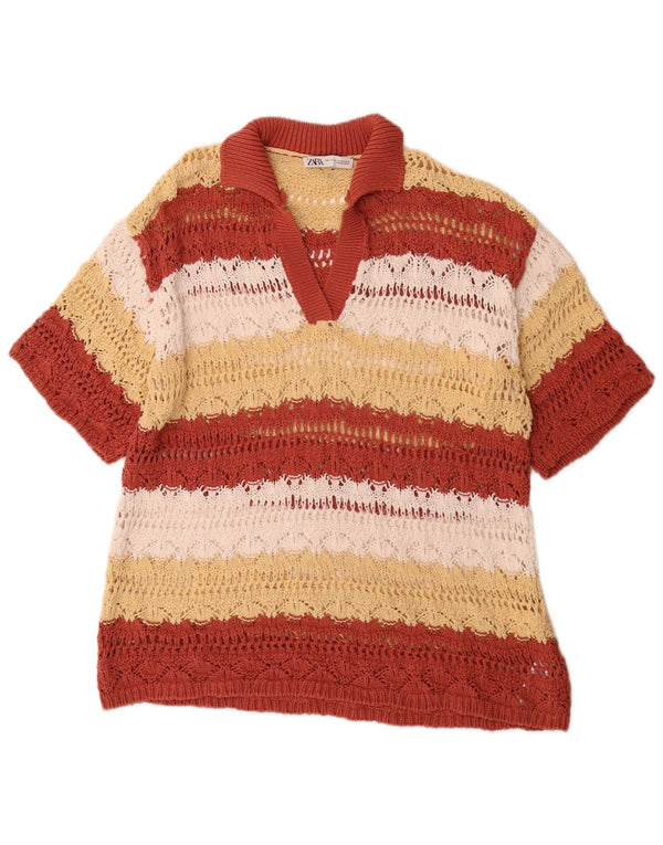Zara Dame Loose Fit Knit Polo Shirt UK 16 Large Flerfarvet Stribet