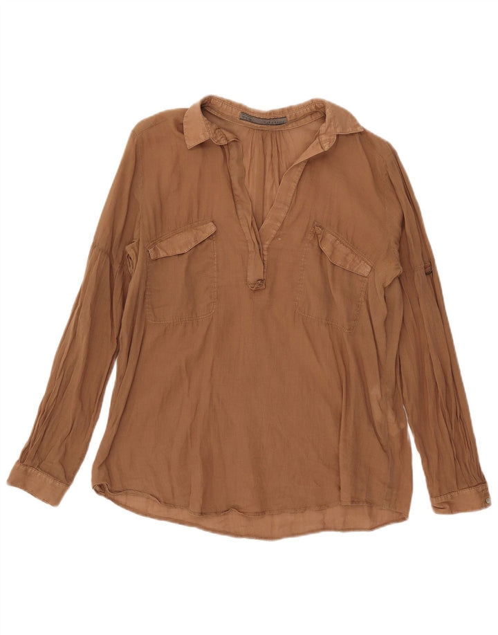 Zara Dame Langærmet Se Through Bluse Top UK 14 Medium Brun Ramie