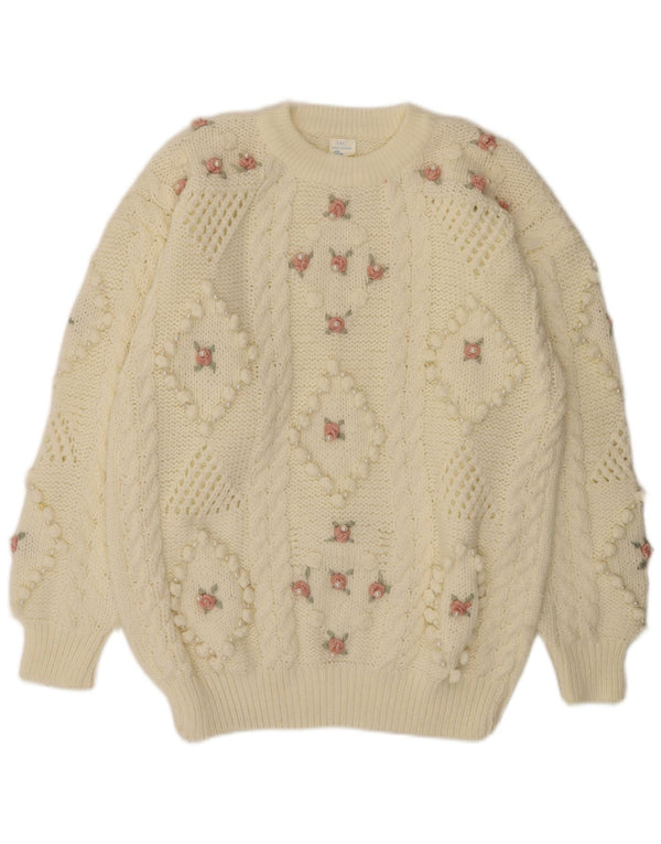 Vintage Dame Crew Neck Jumper Sweater UK 20 2XL Off White Floral