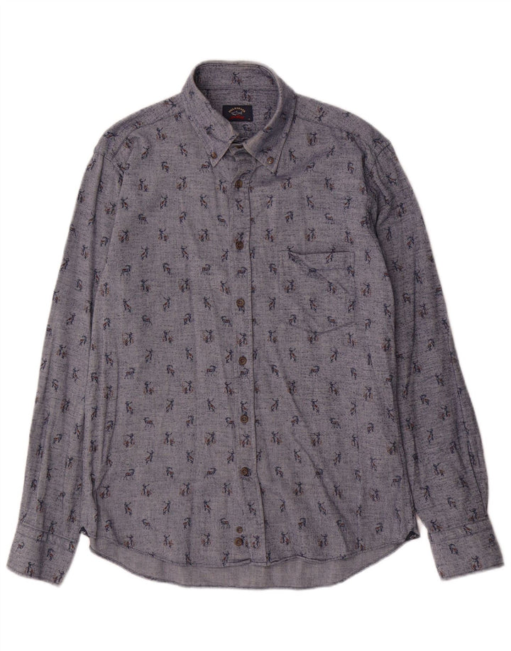 Paul & Shark Herre abstrakt mønster skjorte størrelse 39 Medium Blue Cotton